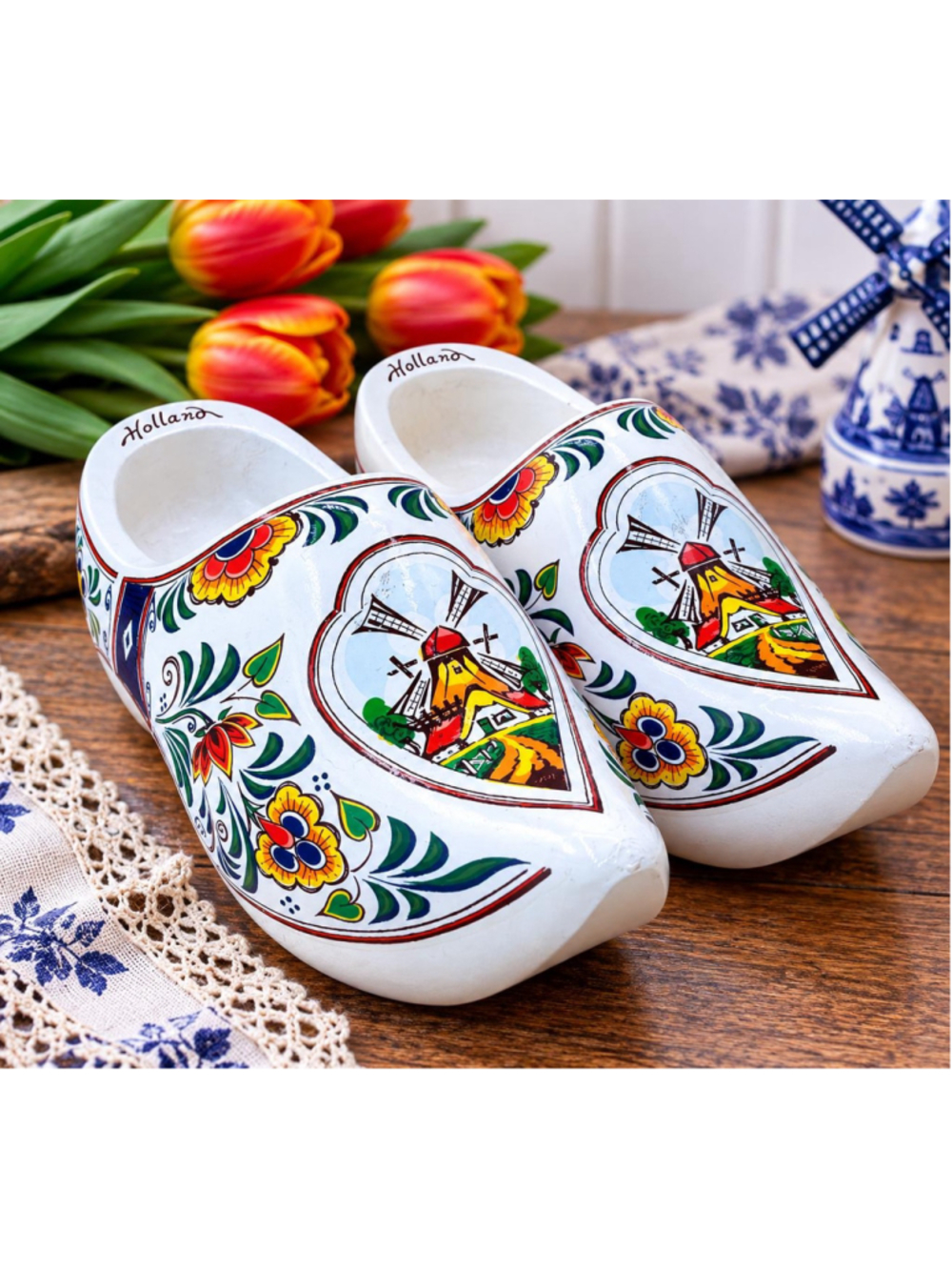 Vintage Dutch Wooden Clogs Holland Windmill Floral Folk Art Shoes 21cm